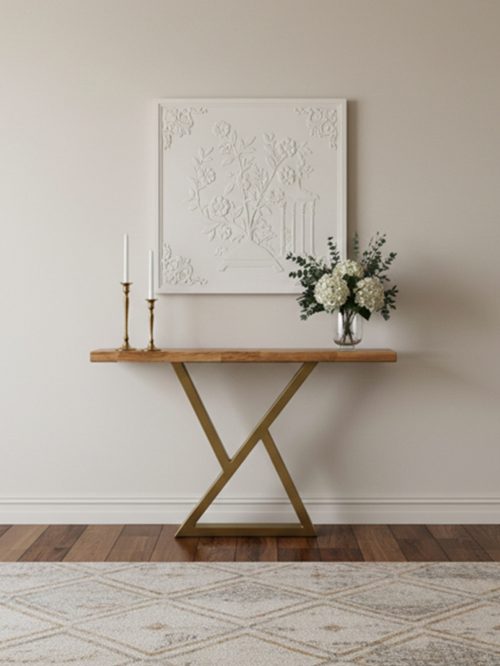 Design Konsolentisch aus massiver Eiche mit goldenen Metallbeinen für Flur und Wohnzimmer