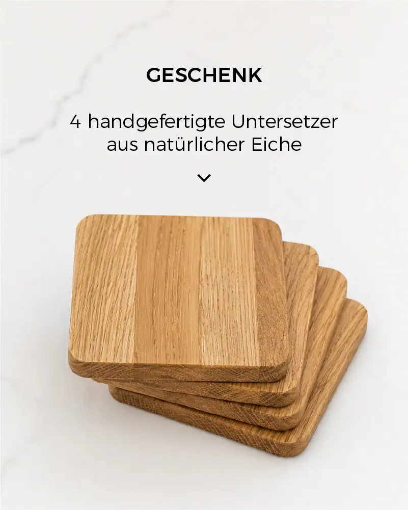 Vier handgefertigte Untersetzer aus natürlicher Eiche – Gratis-Geschenk zum Wandregal