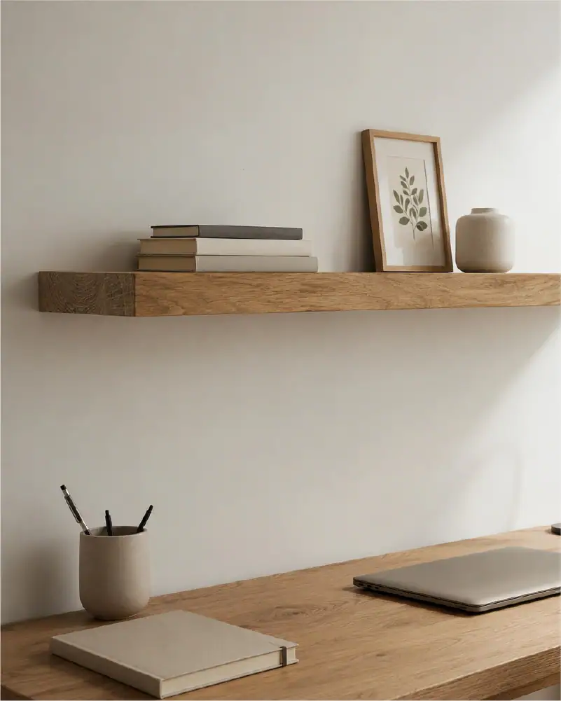 Schwebendes Eichenregal über einem Schreibtisch im Homeoffice mit Büchern, Bilderrahmen und Laptop