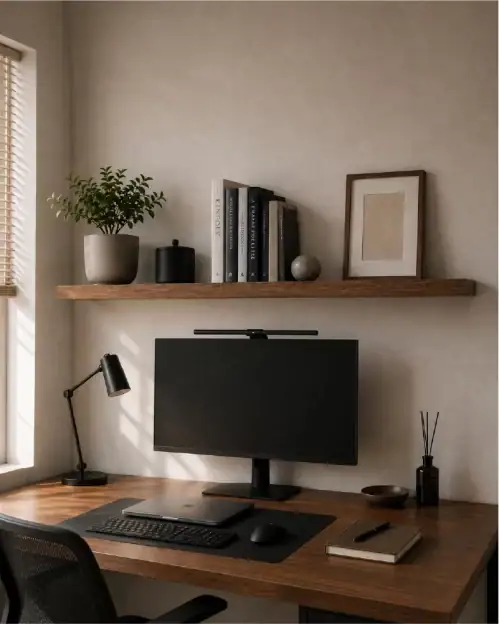 Wandregal aus dunkler massiver Eiche über einem Schreibtisch im Homeoffice mit Büchern und Bilderrahmen