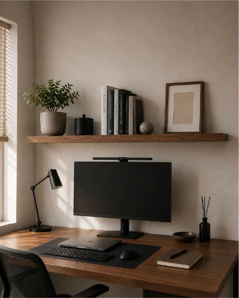 Wandregal aus dunkler massiver Eiche über einem Schreibtisch im Homeoffice mit Büchern und Bilderrahmen