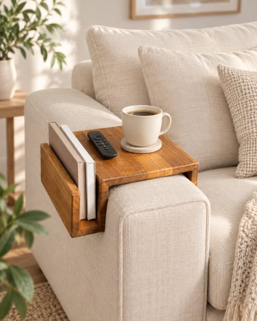 Armlehnentisch mit Zeitungsfach aus Fichtenholz auf einem hellen Sofa mit Kaffeetasse und Fernbedienung