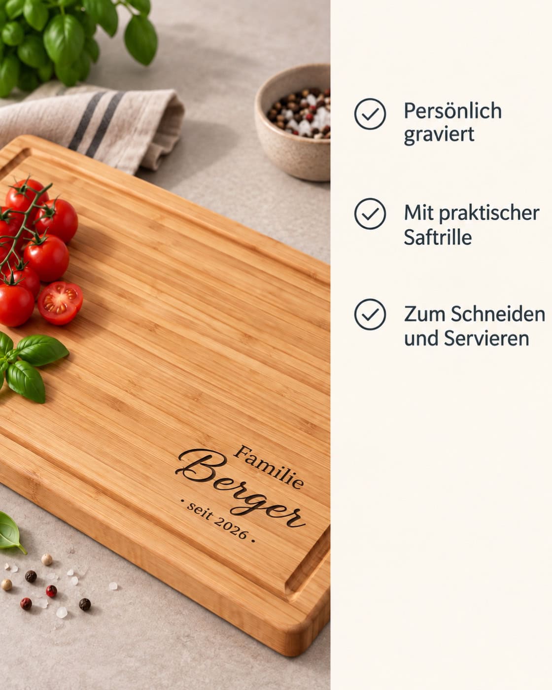 Bambus-Schneidebrett mit individueller Gravur – Produktdetails: Persönlich graviert | Mit praktischer Saftrille | Zum Schneiden und Servieren