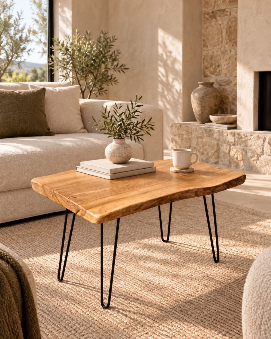 Baumkanten-Couchtisch aus einer Massivholzbohle in einem hochwertigen Architekturinterieur