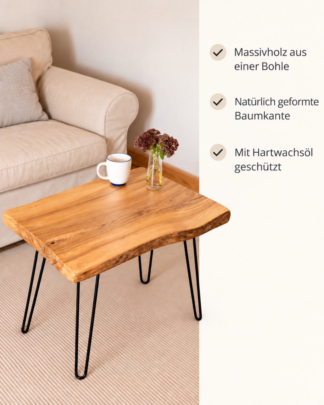 Baumkanten-Couchtisch aus einer Massivholzbohle – Produktdetails: Massivholz aus einer Bohle | Natürlich geformte Baumkante | Mit Hartwachsöl geschützt