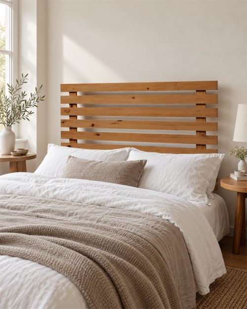Braunes Bettkopfteil aus horizontalen Holzleisten hinter hellen Leinenkissen im Schlafzimmer