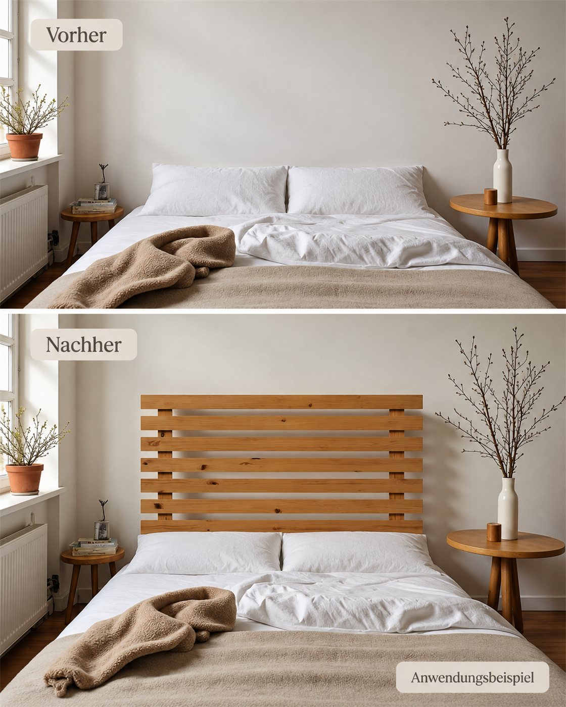 Vorher-Nachher-Beispiel eines Betts mit kahler Wand und anschließend mit einem Kopfteil aus sieben Holzleisten