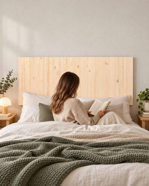 Bettkopfteil aus hellem Massivholz hinter einem Doppelbett