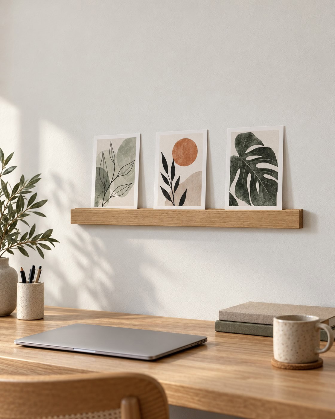 Bilderleiste aus Eiche mit botanischen Drucken im Arbeitszimmer