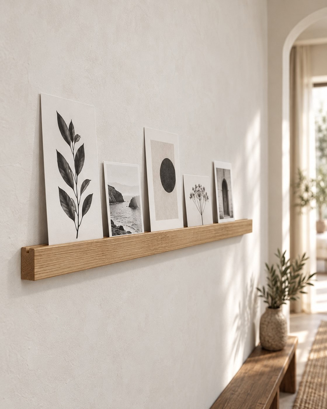 Lange Bilderleiste aus Eiche mit Kunstdrucken im modernen Flur