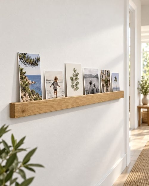Bilderleiste aus Eiche mit Fotos und Postkarten im Flur