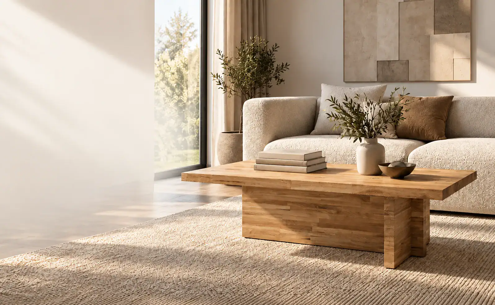 Massiver Eichen-Couchtisch vor einem cremefarbenen Sofa im sonnigen Wohnzimmer