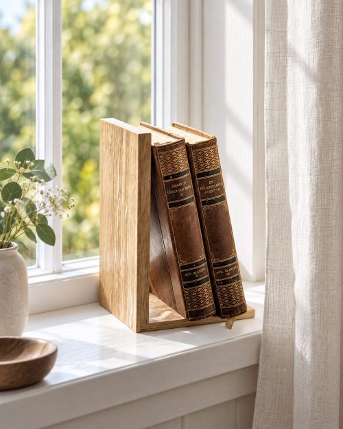 Buchstütze aus Eiche oder Walnuss in einer passenden Anwendungssituation
