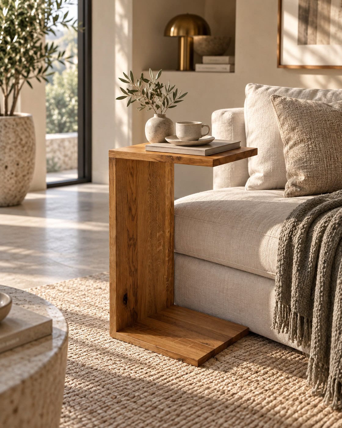 C-förmiger Beistelltisch aus Holz in einem hochwertigen Architekturinterieur