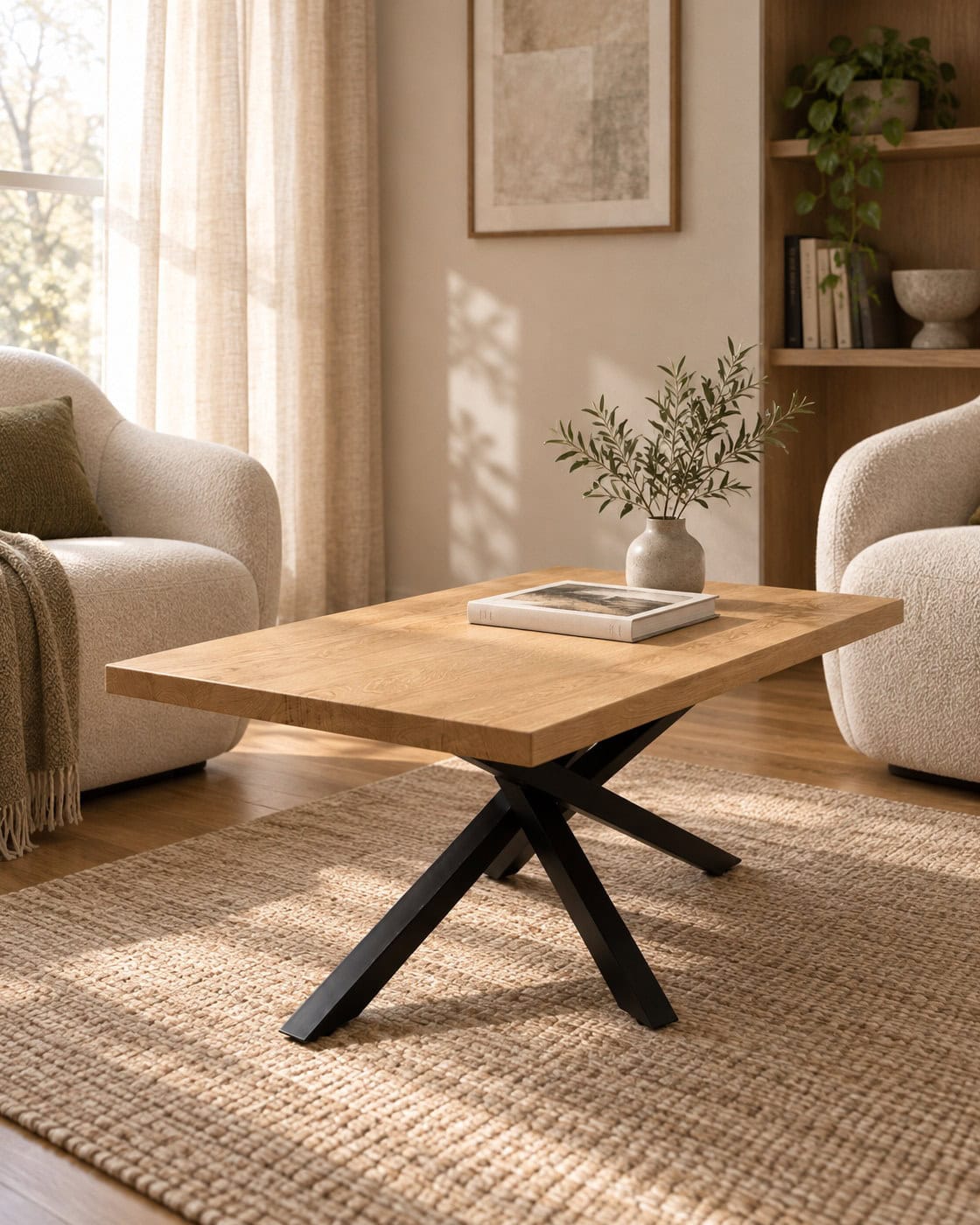 Couchtisch aus massiver Eiche mit Mikado-Gestell in einem anders eingerichteten Raum