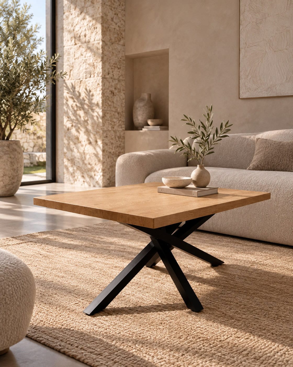 Couchtisch aus massiver Eiche mit Mikado-Gestell in einem hochwertigen Architekturinterieur