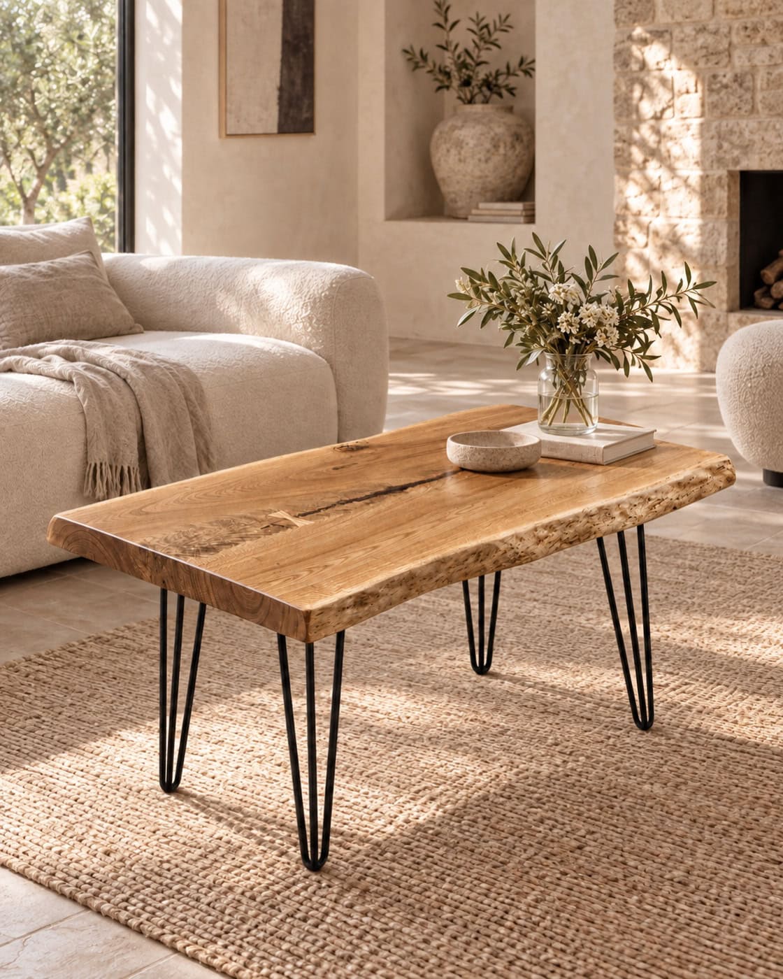 Couchtisch mit Baumkante aus massiver Eiche in einem hochwertigen Architekturinterieur