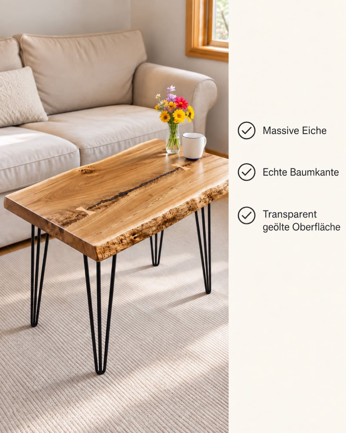 Couchtisch mit Baumkante aus massiver Eiche – Produktdetails: Massive Eiche | Echte Baumkante | Transparent geölte Oberfläche