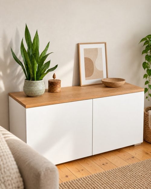 Deckplatte aus Eiche auf einem weißen BESTÅ Schrank