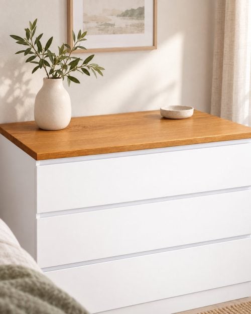 Deckplatte aus massiver Eiche auf einer weißen IKEA MALM Kommode mit Vase und Keramikschale im hellen Schlafzimmer