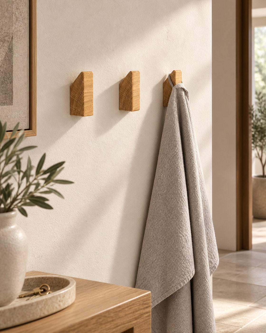 Dekorative Garderobenhaken aus Holz in einem hochwertigen Architekturinterieur