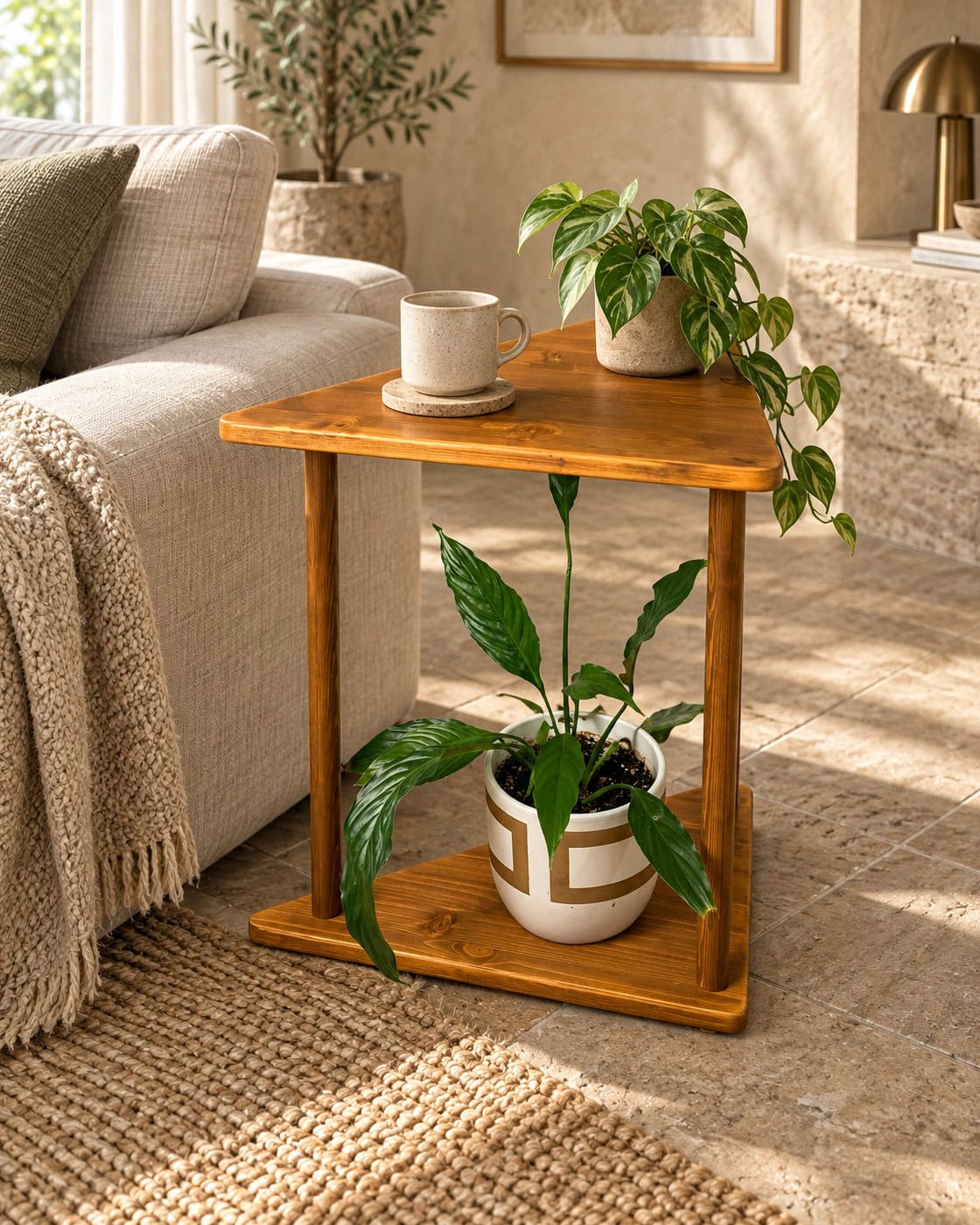 Dreieckiger Beistelltisch aus Holz in einem hochwertigen Architekturinterieur