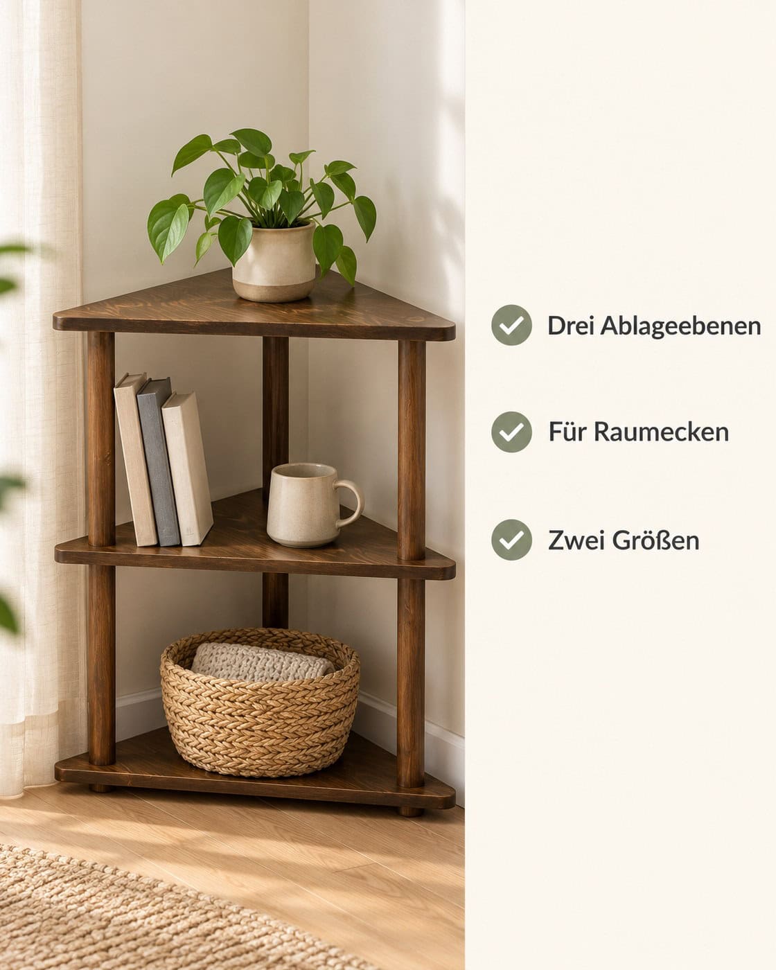 Dreieckiger Beistelltisch mit drei Ablagen – Produktdetails: Drei Ablageebenen | Für Raumecken | Zwei Größen