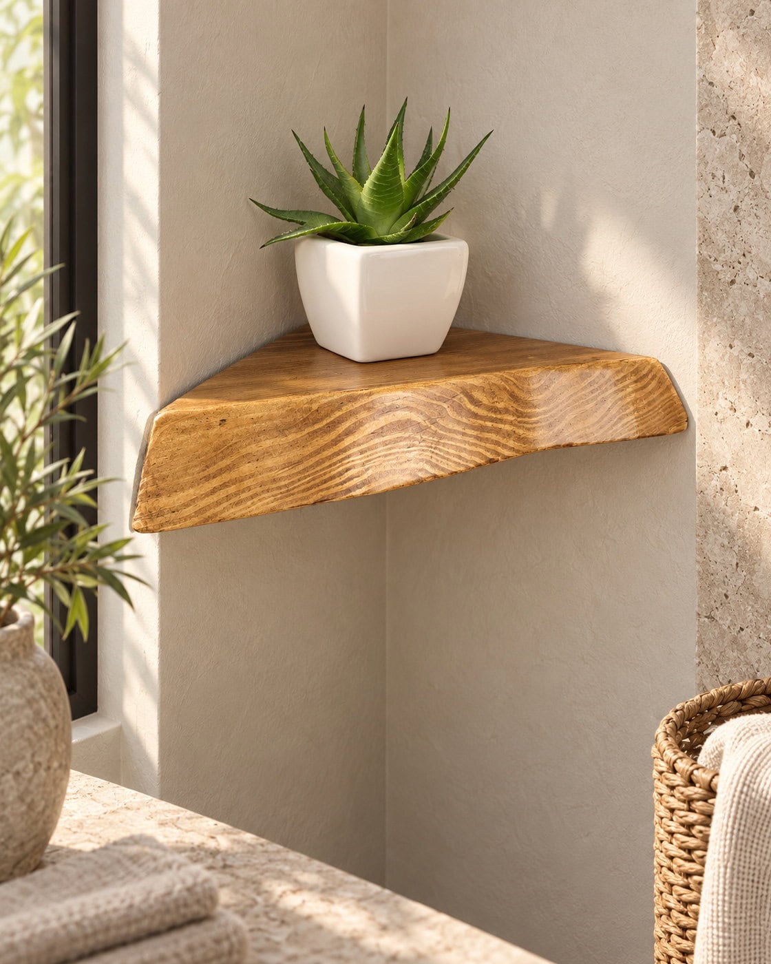 Eckregal mit Naturkante in einem hochwertigen Architekturinterieur