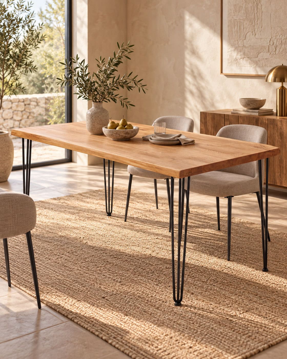 Esstisch Eiche mit Hairpin-Beinen in einem hochwertigen Architekturinterieur