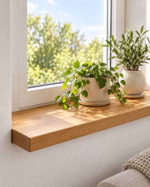 Fensterbank aus massiver Eiche mit Pflanzen am Fenster