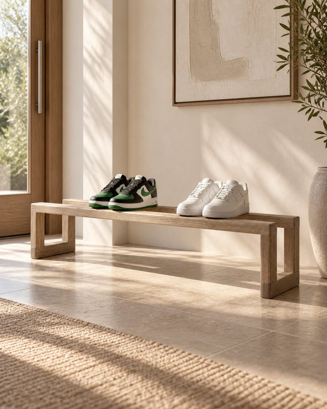 Flur-Organizer aus massiver Eiche in einem hochwertigen Architekturinterieur