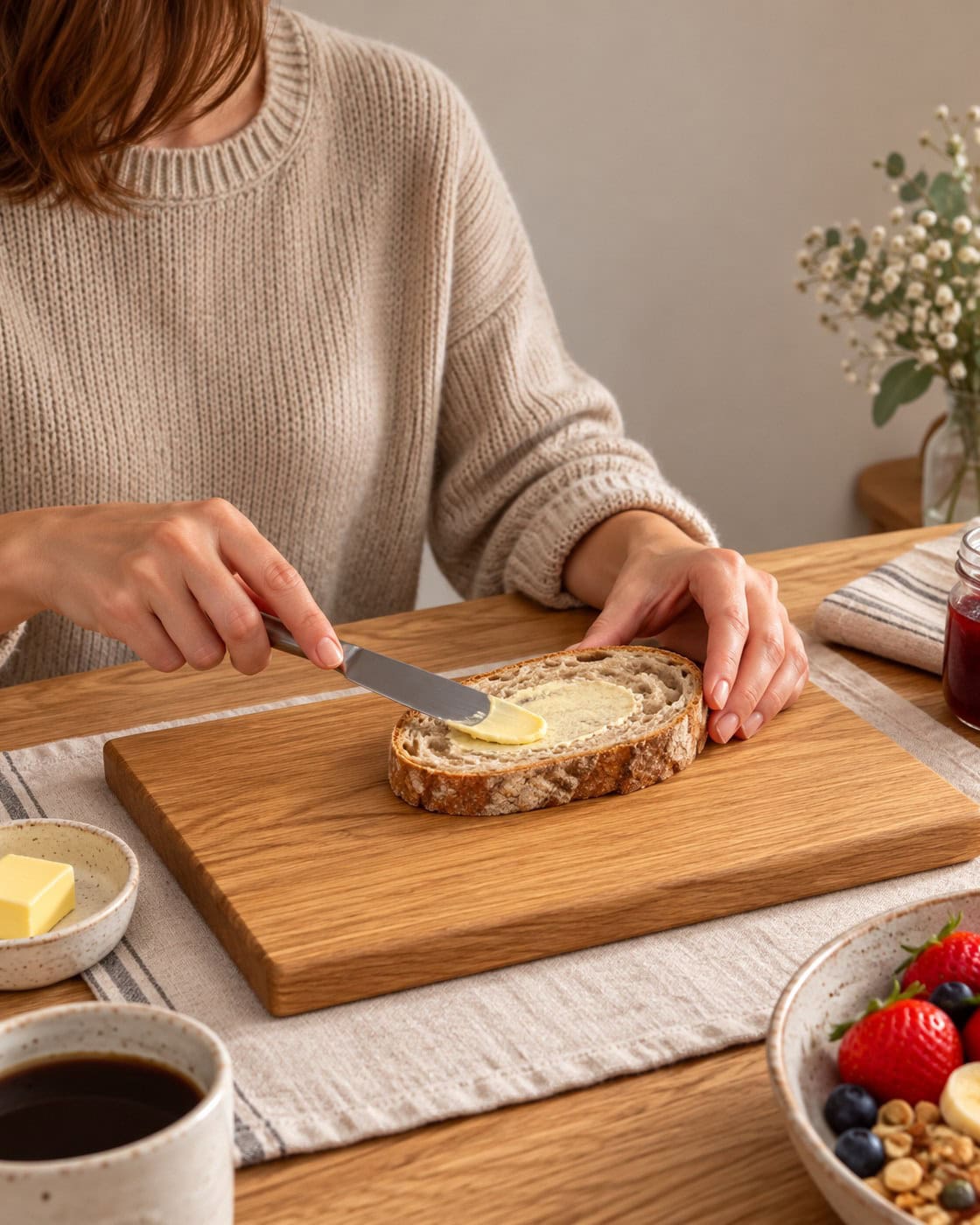 Frau bestreicht Brot auf einem Frühstücksbrett aus Eiche