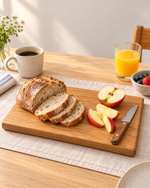 Frühstücksbrett aus Eiche mit Brot und Apfel auf einem Frühstückstisch