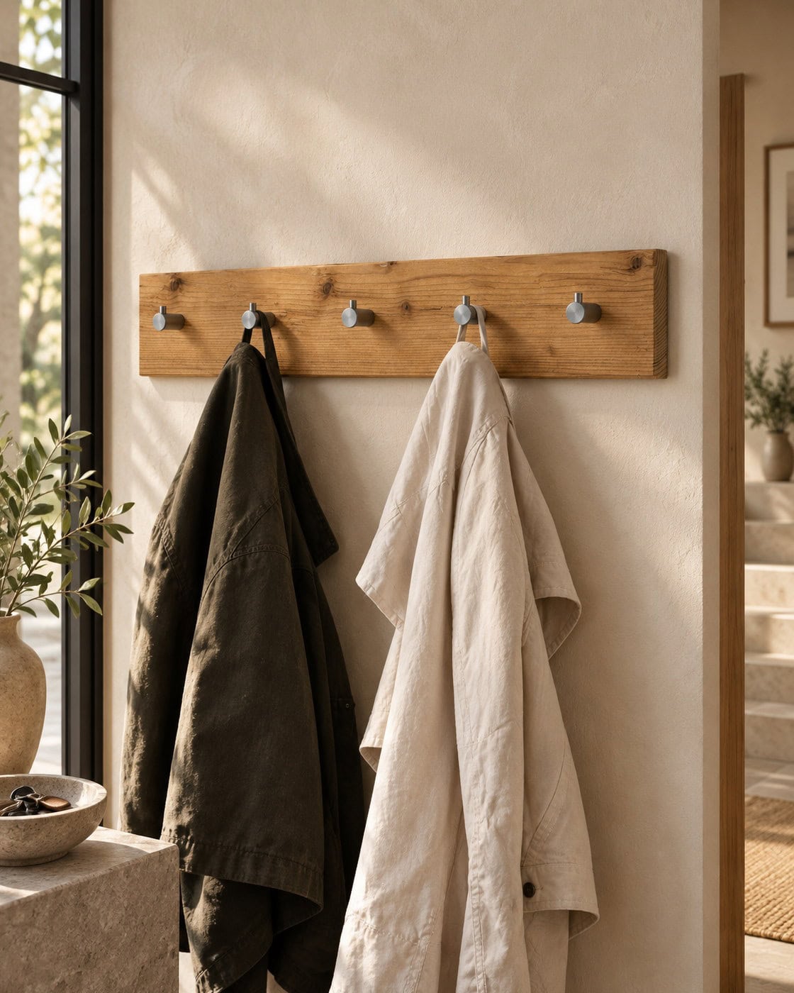 Garderobenleiste Fichte mit Struktur in einem hochwertigen Architekturinterieur