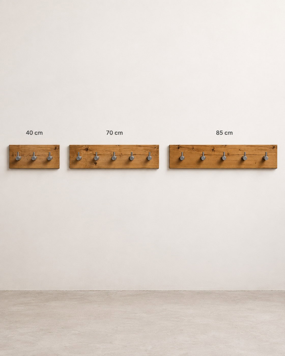Garderobenleiste Fichte mit Struktur mit Maßangaben 40 cm; 70 cm; 85 cm