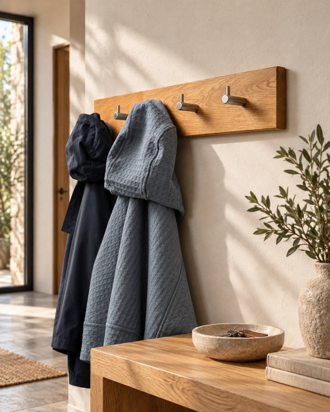 Garderobenleiste Holz mit Metallhaken in einem hochwertigen Architekturinterieur