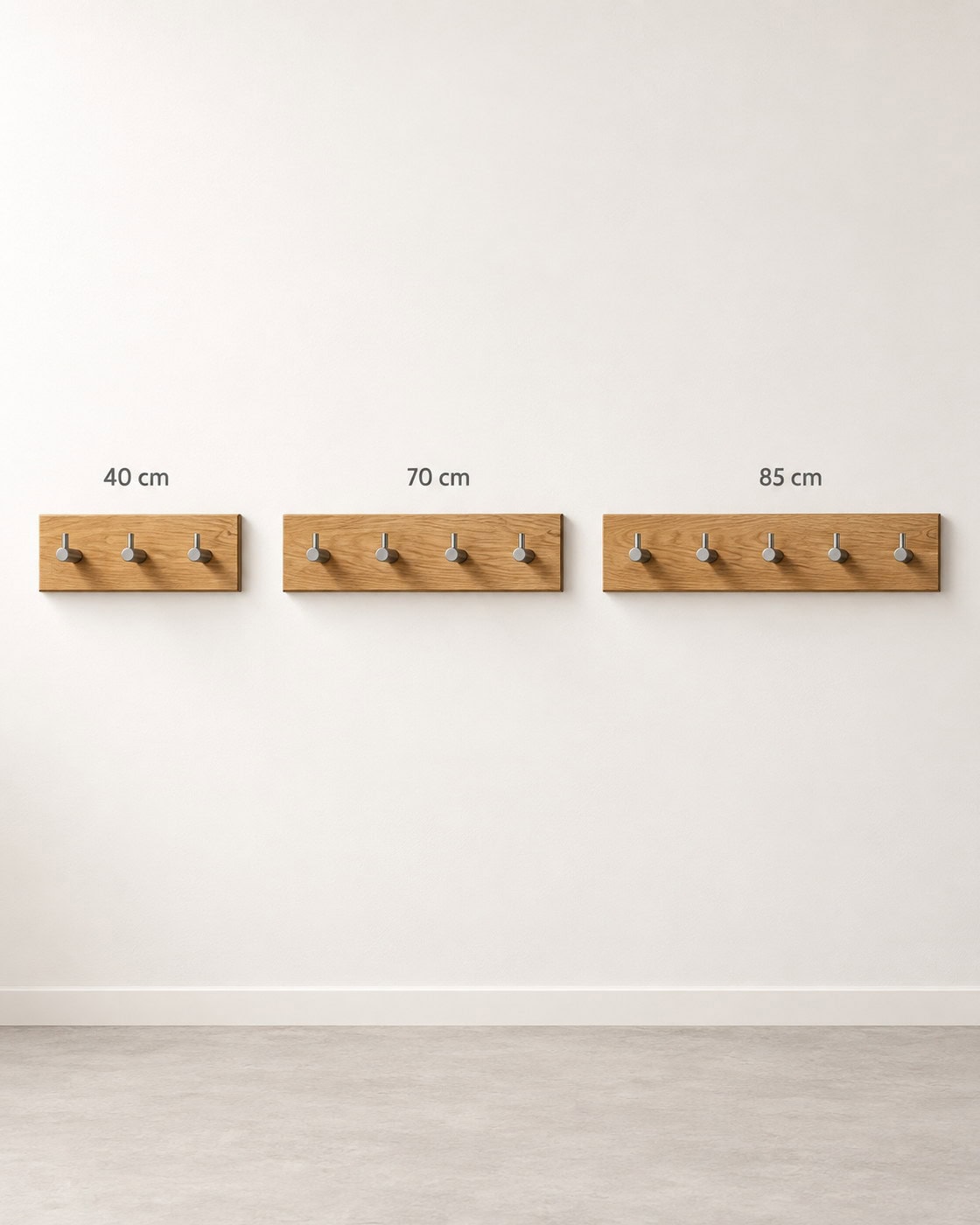 Garderobenleiste Holz mit Metallhaken mit Maßangaben 40 cm; 70 cm; 85 cm