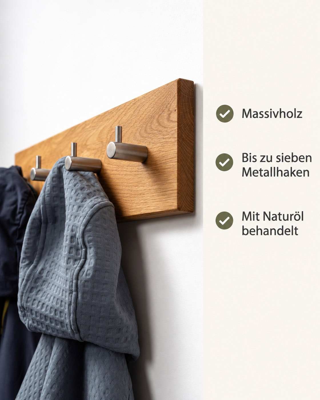Garderobenleiste Holz mit Metallhaken – Produktdetails: Massivholz | Bis zu sieben Metallhaken | Mit Naturöl behandelt