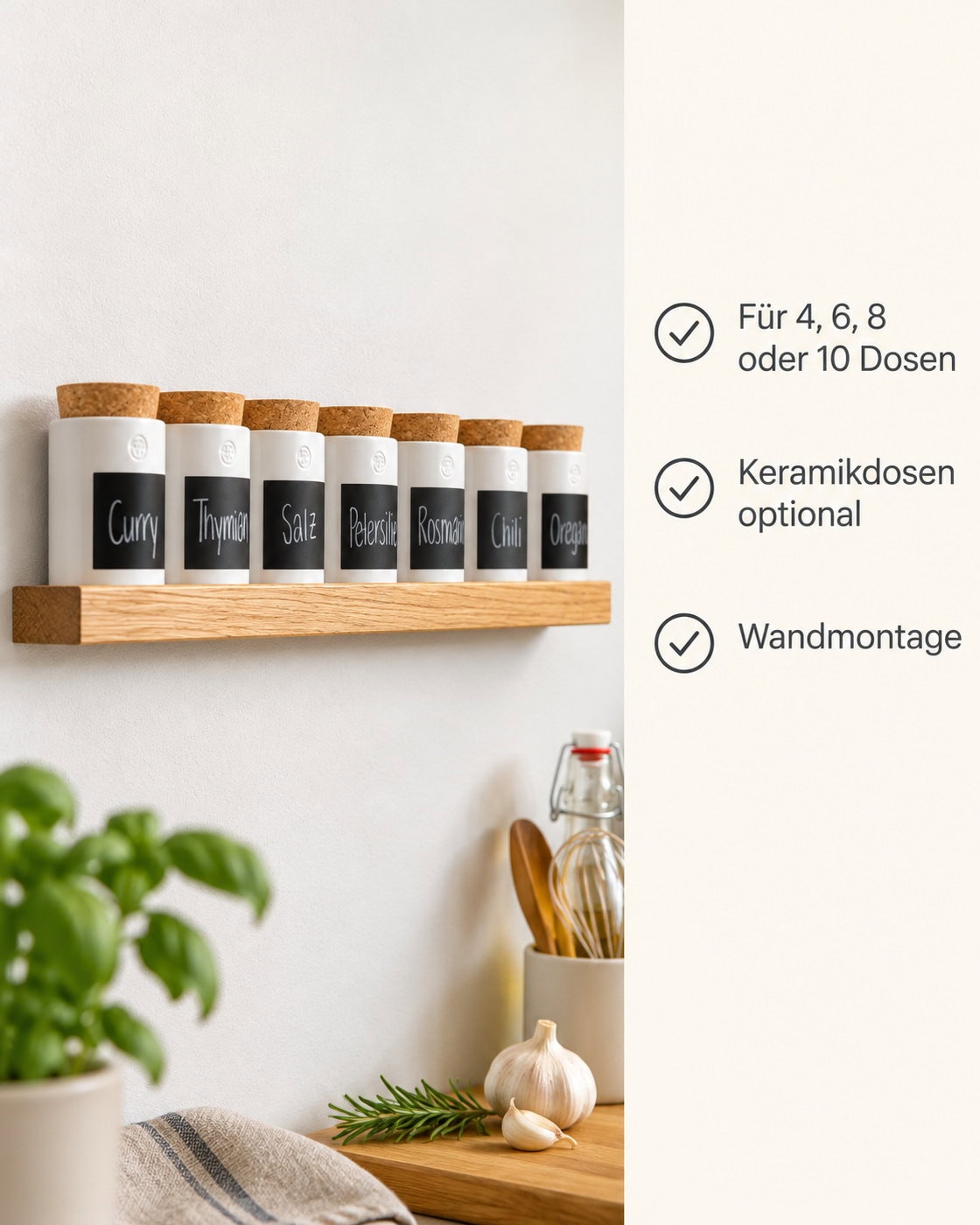 Gewürzregal Eiche mit Keramikdosen – Produktdetails: Für 4, 6, 8 oder 10 Dosen | Keramikdosen optional | Wandmontage