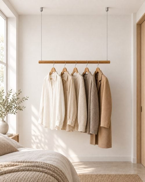 Hängende Kleiderstange aus Holz mit Kleidung im Schlafzimmer
