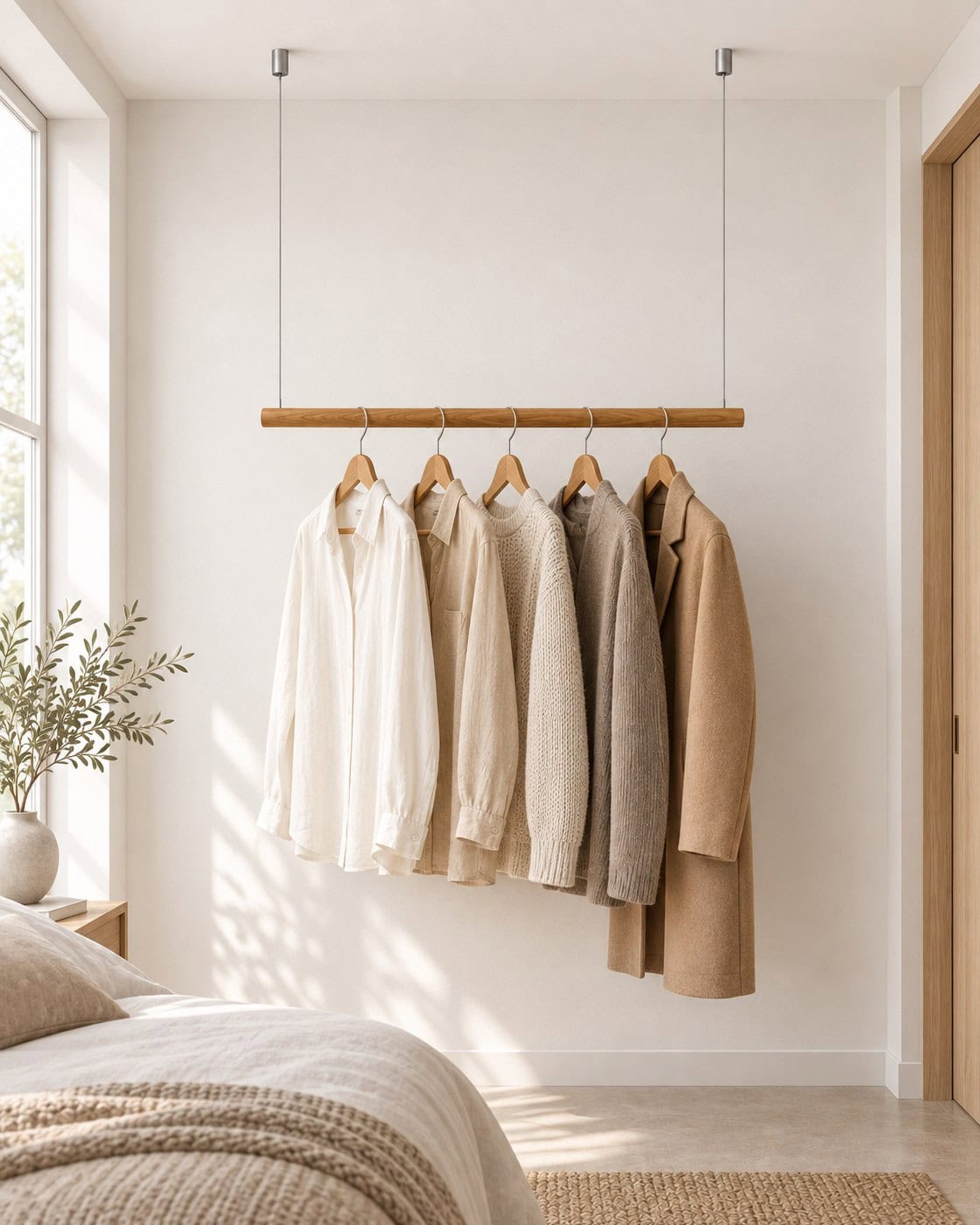 Hängende Kleiderstange aus Holz mit Kleidung im Schlafzimmer