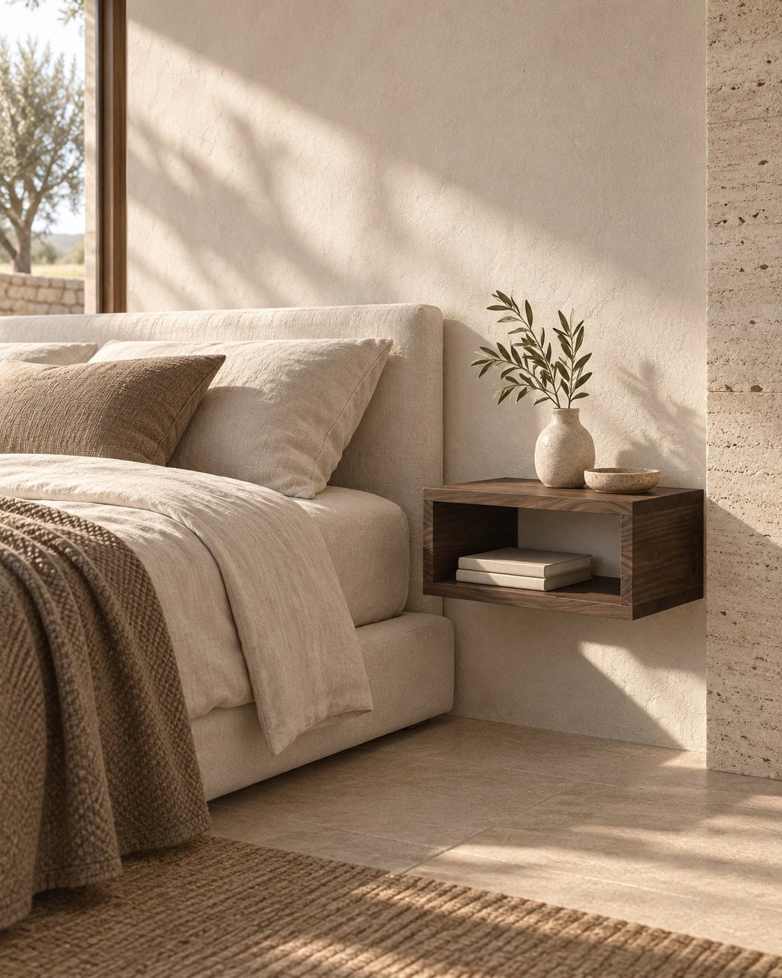 Hängender Nachttisch aus dunklem Massivholz in einem architektonischen Schlafzimmer