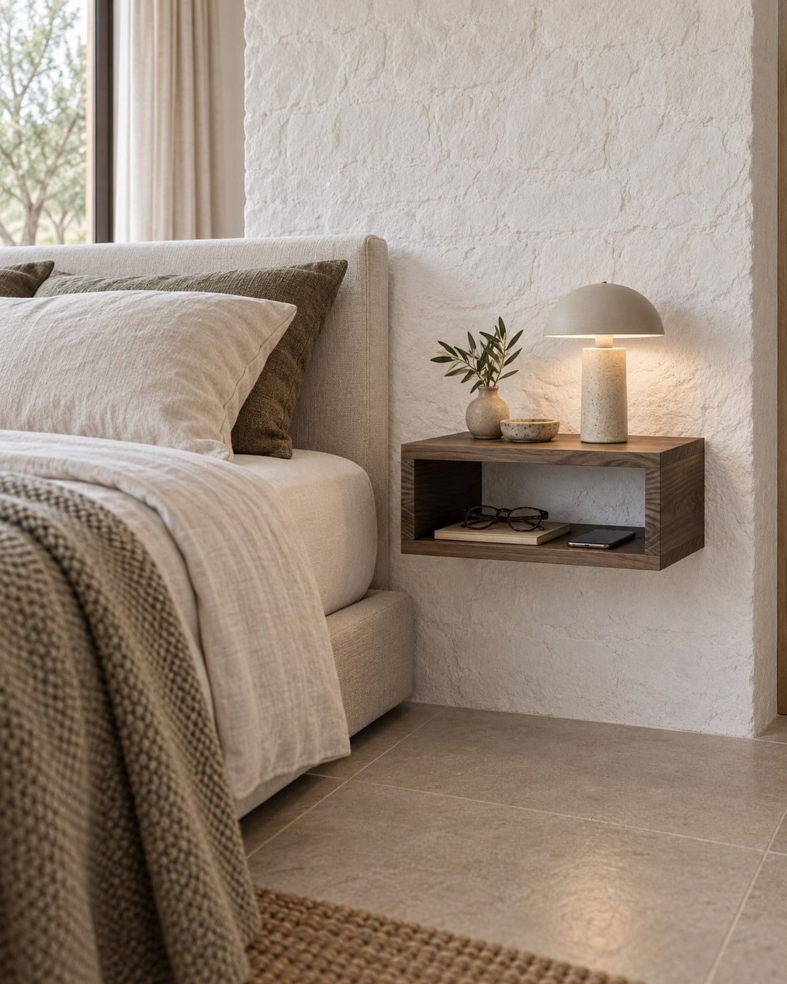 Hängender Nachttisch aus dunklem Massivholz mit freier Bodenfläche neben dem Bett