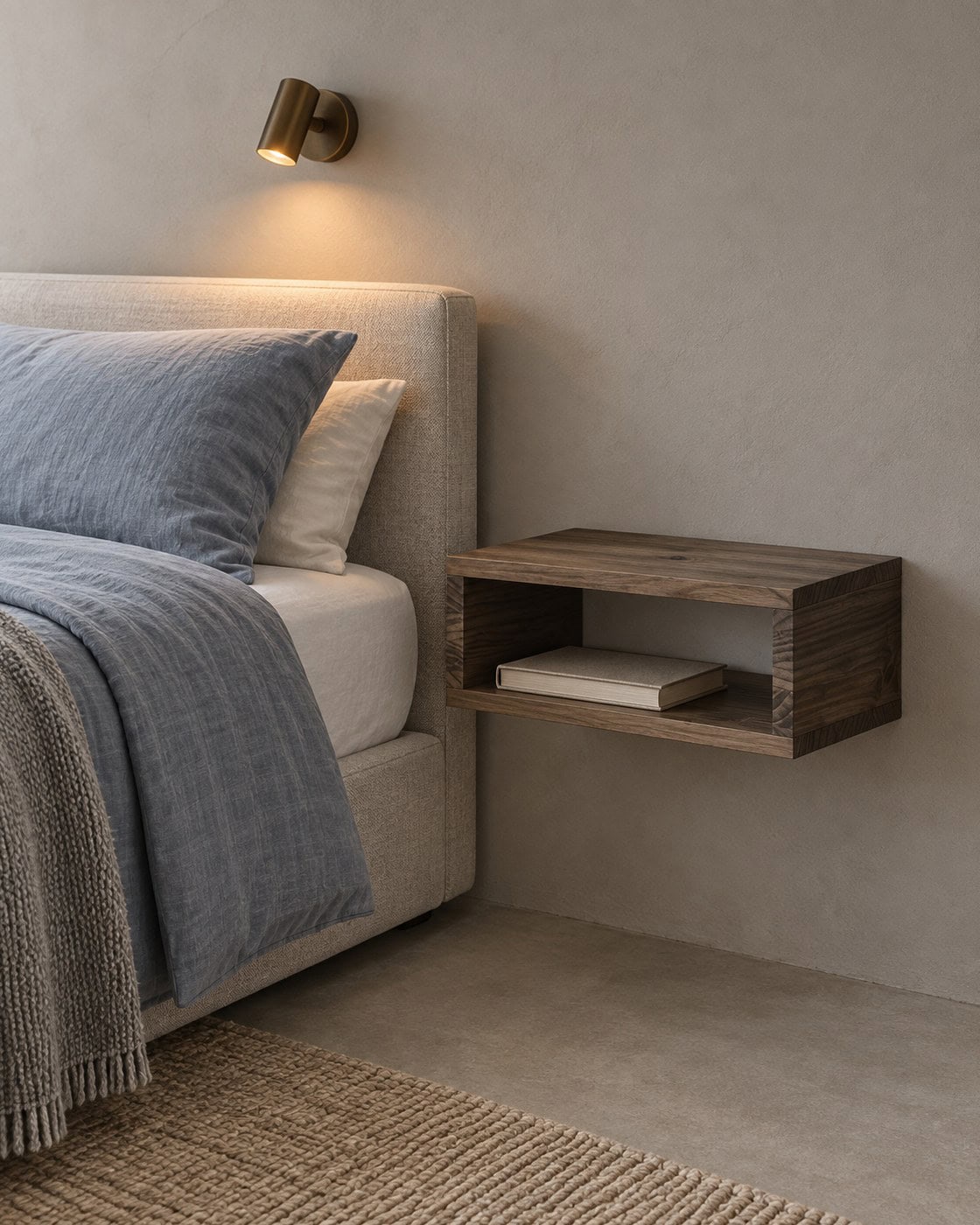 Hängender Nachttisch aus dunklem Holz in einem modernen Gästezimmer