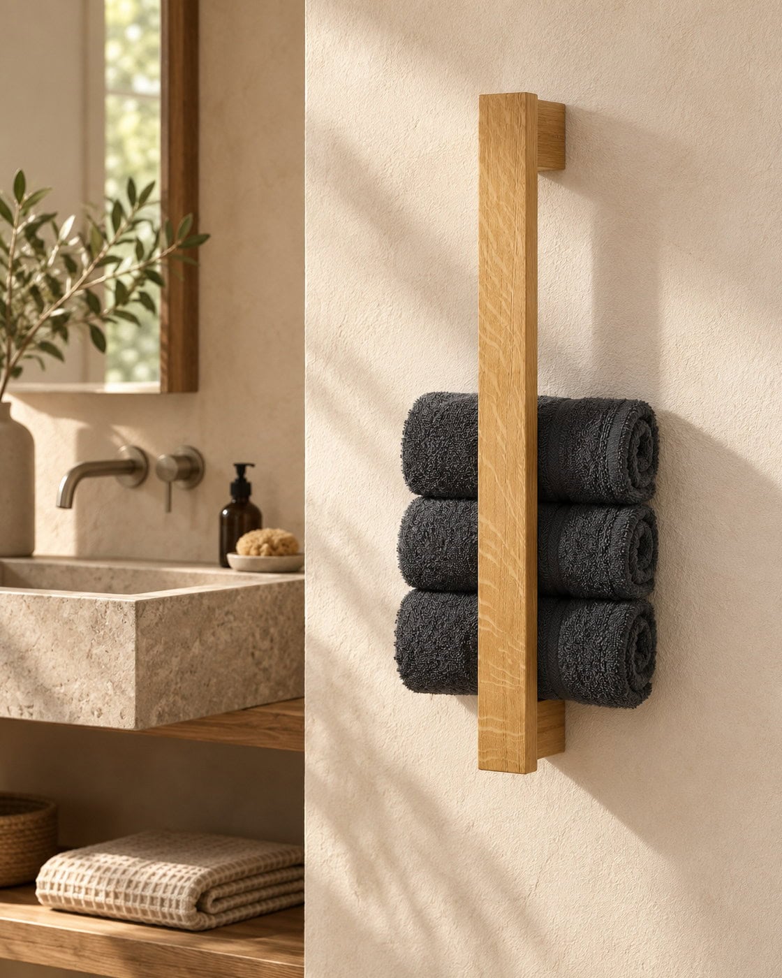 Handtuchhalter MANUS aus Massivholz in einem hochwertigen Architekturinterieur