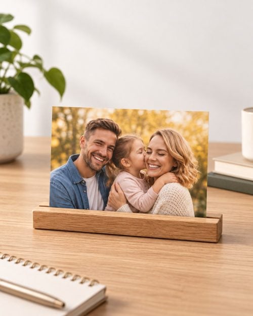 Kartenhalter aus Eiche mit einem Familienfoto auf dem Schreibtisch