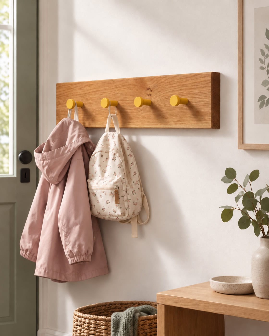 Kindergarderobe Eiche mit farbigen Haken in einer anders gestalteten Umgebung
