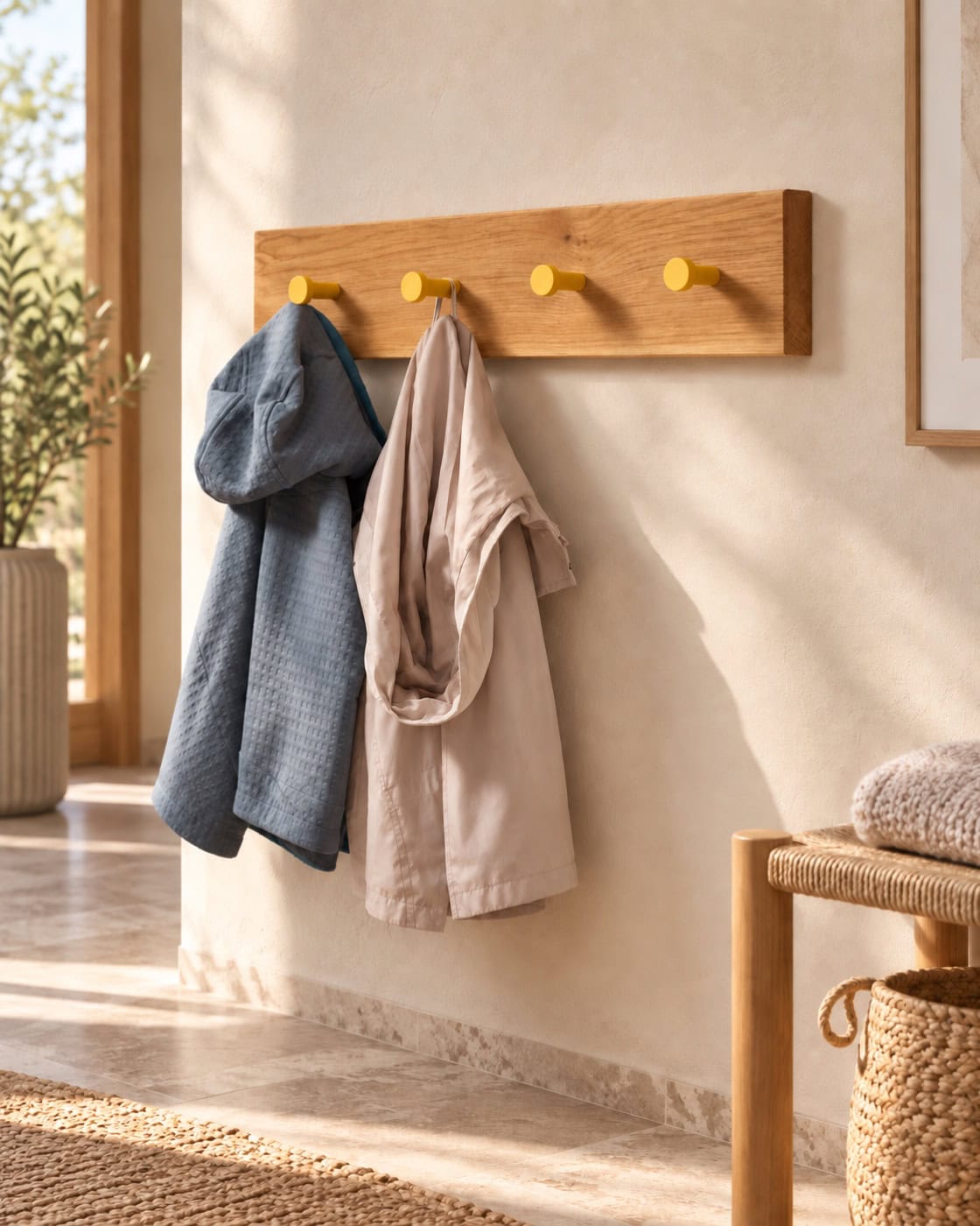 Kindergarderobe Eiche mit farbigen Haken in einem hochwertigen Architekturinterieur