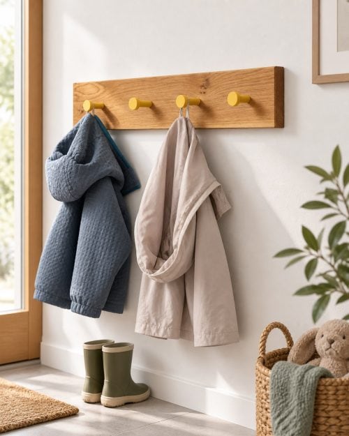 Kindergarderobe Eiche mit farbigen Haken in einer passenden Anwendungssituation