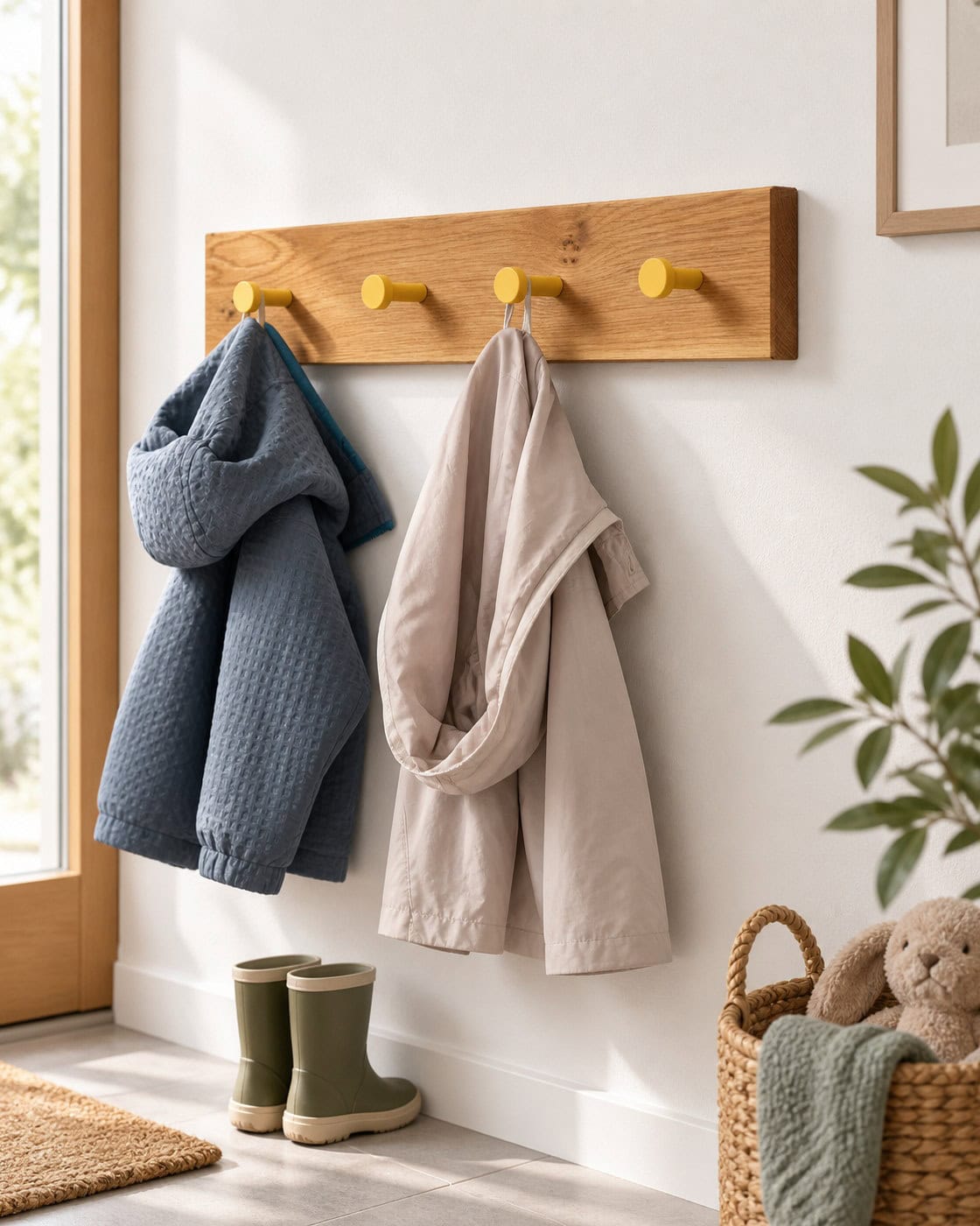Kindergarderobe Eiche mit farbigen Haken in einer passenden Anwendungssituation